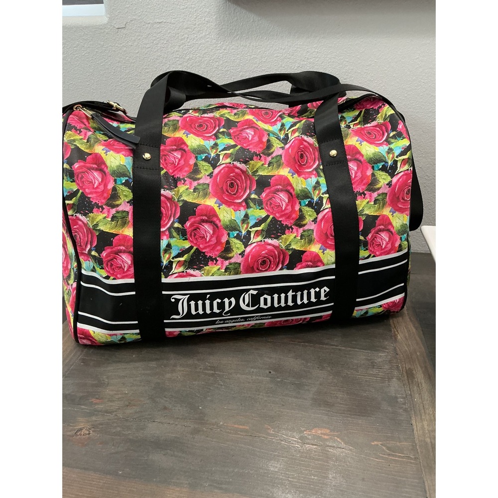 Juicy Couture Black Multi Rose Duffle Travel Weekender Bag